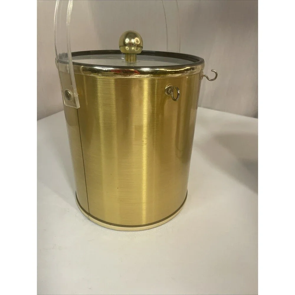 2 Vintage Gold Silver Ice Buckets Plastic, Clear Lid, Tongs Made In Taiwan